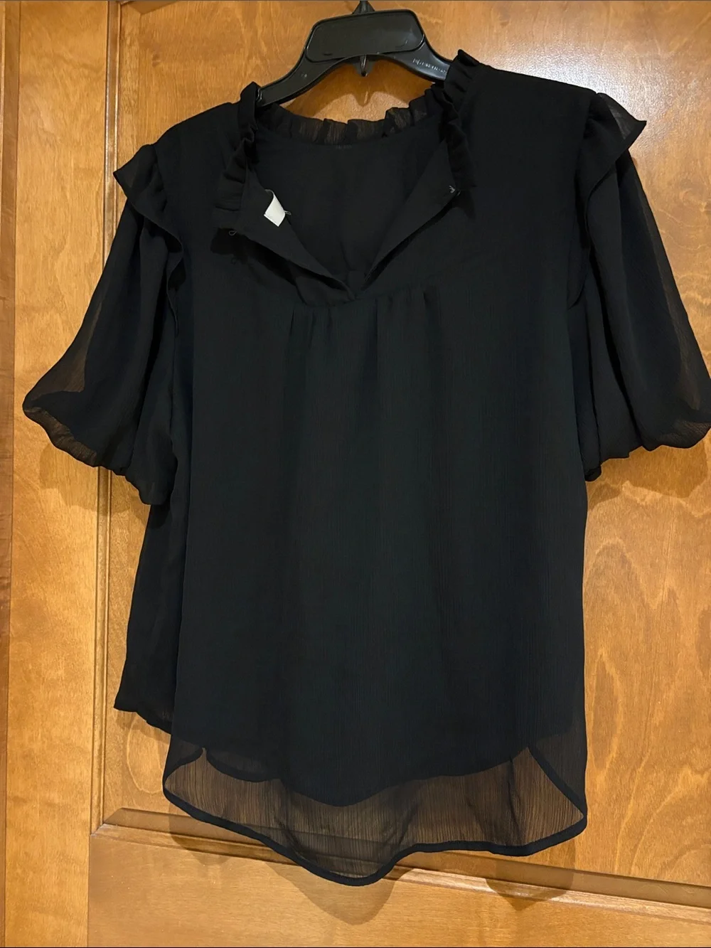 LOFT Black Chiffon Short Sleeve Ruffle Neck Blouse